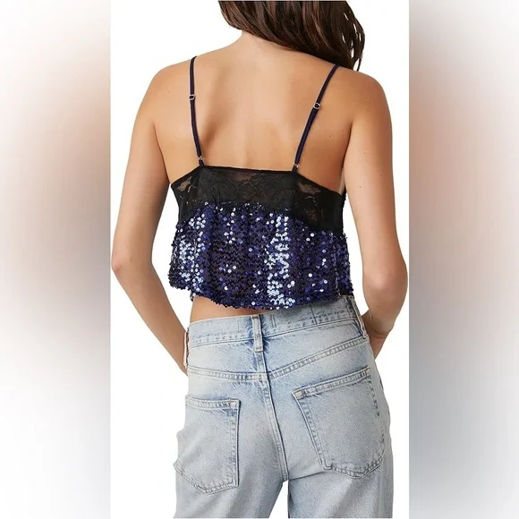 NEW Free People Intimately Right Rhythm Sequin Crop Cami Midnight Blue Women’s M - Picture 5 of 8